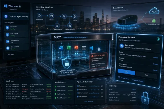 Futuristic dashboard shows Microsoft Execution Containers with agent tools and a blocked permission request.