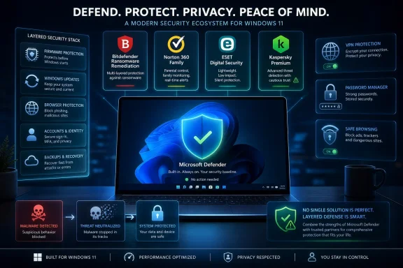 Cybersecurity ad showing layered Windows 11 protection with a laptop, shield icon, and tools like VPN and password manager.