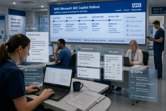 NHS staff review Microsoft 365 Copilot rollout materials on monitors in a hospital meeting room.