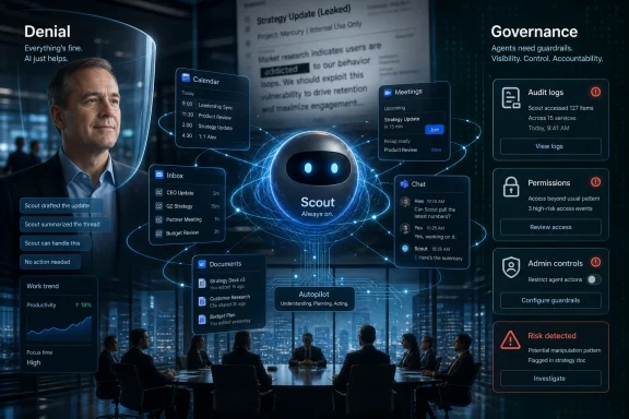 Futuristic office dashboard showing AI “Scout” with governance, audit logs, and risk alerts beside meetings.