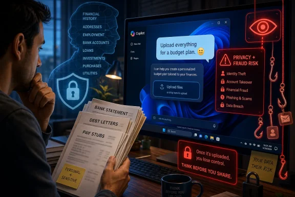 Man uploads bank documents to an AI Copilot budgeting tool, with privacy and fraud-risk warnings on-screen.