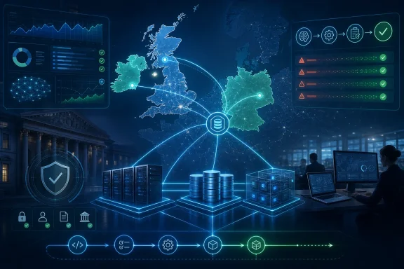 Glowing cybersecurity dashboard shows Europe network routing, servers, and verified alerts in a blue server room. Glowing cybersecurity dashboard shows Europe network routing, servers, and verified alerts in a blue server room.