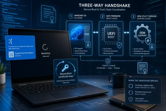 Illustration of a Windows secure boot three-way handshake with UEFI firmware and OEM support restarting a PC. Illustration of a Windows secure boot three-way handshake with UEFI firmware and OEM support restarting a PC.