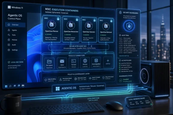 Futuristic Windows 11 interface showing secured “MXC execution containers” with tools, policies, and audit logs.