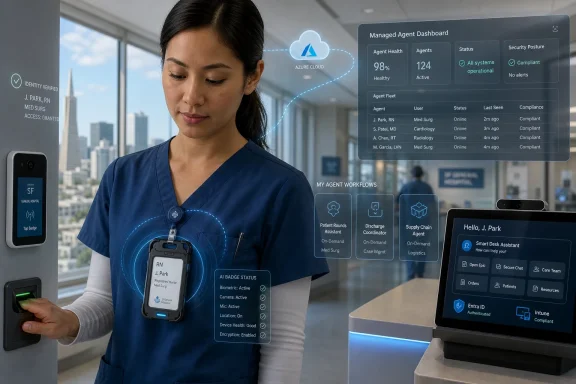 Nurse in hospital control room uses a tablet showing Azure cloud agent dashboard and security compliance data.