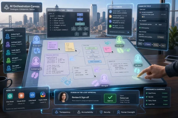 AI orchestration dashboard shows system architecture, agents, and workflow diagrams over a cityscape background.