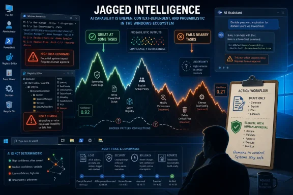 A Windows interface graphic about “Jagged Intelligence,” showing AI governance and human approval workflows in system commands.