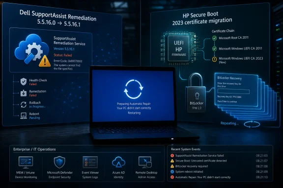 IT dashboard shows Dell SupportAssist failed remediation and HP Secure Boot certificate migration issues, triggering BitLocker recovery.