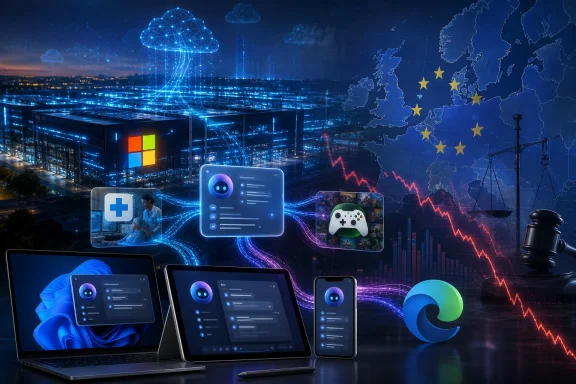 Futuristic tech scene with computers, AI icons, EU map, and a digital data chart over a city skyline.