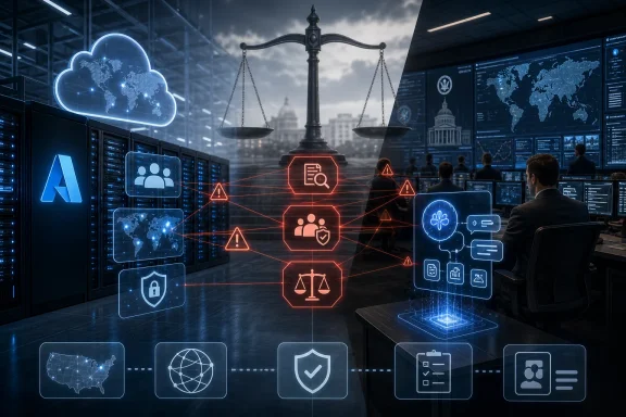 Cybersecurity-themed data center scene with cloud globe icons, warning signals, and legal/AI holograms over servers.