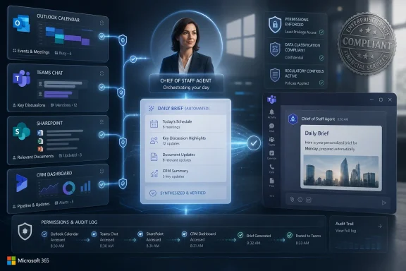 Microsoft 365-style dashboard shows an AI “Chief of Staff Agent” generating an automated daily brief.