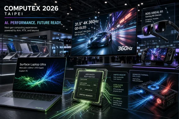 Computex 2026 promo display featuring a gaming monitor, laptop, AR glasses, and ARM-based AI chip visuals.