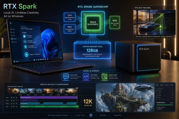 Promotional image for NVIDIA RTX Spark, showing a laptop, desktop box, and AI/RTX ray-tracing UI graphics.