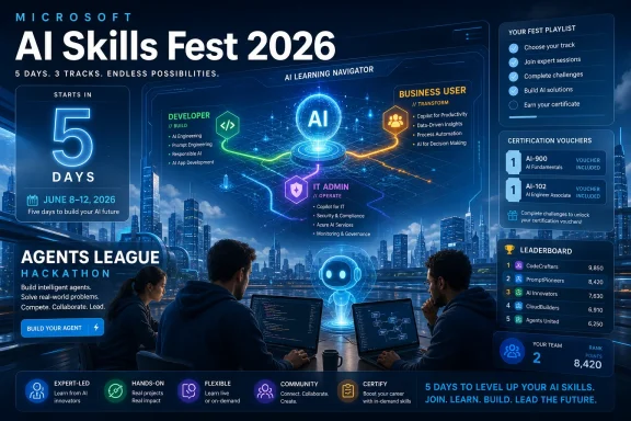Microsoft AI Skills Fest 2026 promotional poster with a futuristic cityscape, teams, and AI learning tracks.