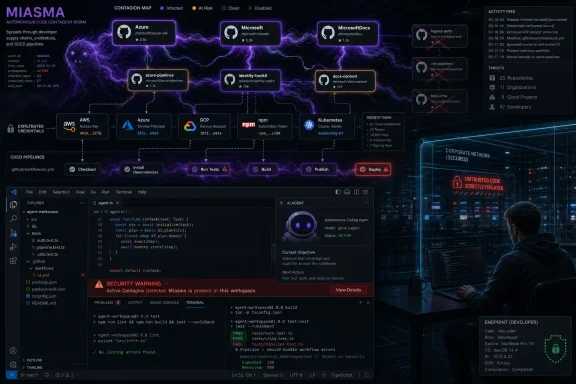 Cybersecurity dashboard showing the “MIASMA” contagion map across cloud pipelines with a security warning in an IDE.