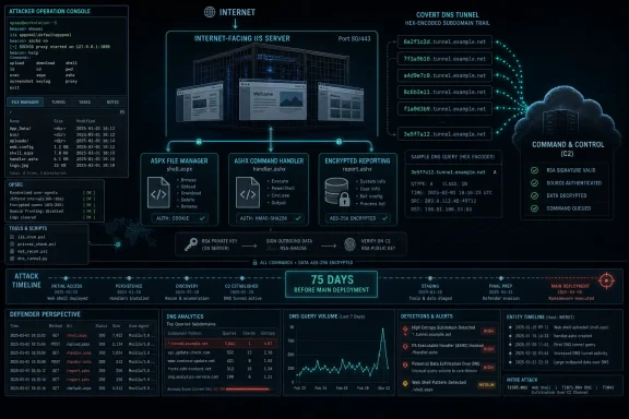 Hacker command-and-control dashboard showing an internet-facing IIS server with encrypted DNS tunnel activity. Hacker command-and-control dashboard showing an internet-facing IIS server with encrypted DNS tunnel activity.