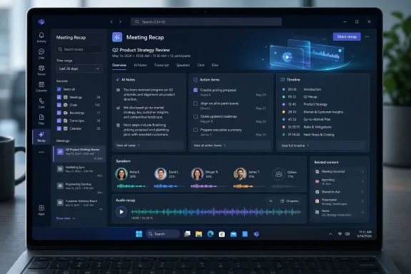 Laptop screen showing a “Meeting Recap” dashboard with notes, action items, timeline, and audio waveform. Laptop screen showing a “Meeting Recap” dashboard with notes, action items, timeline, and audio waveform.