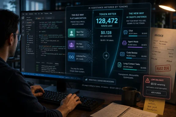 Developer at a desk reviewing an AI token usage dashboard and invoice showing “token meter” costs.