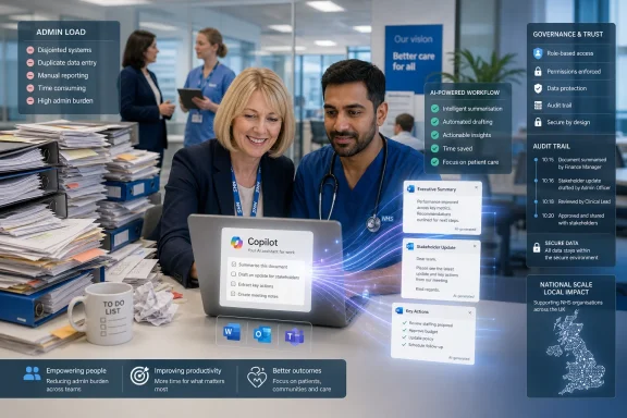 NHS clinicians use an AI copilot dashboard to automate secure admin workflows in a modern office. NHS clinicians use an AI copilot dashboard to automate secure admin workflows in a modern office.
