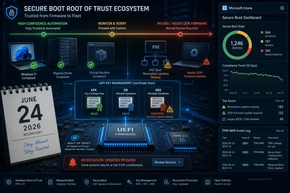 Secure Boot dashboard graphic showing UEFI firmware trust, TPM 2.0 status, and revocation updates missing alerts. Secure Boot dashboard graphic showing UEFI firmware trust, TPM 2.0 status, and revocation updates missing alerts.