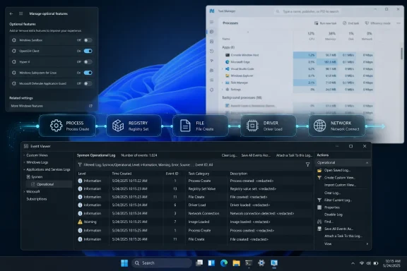 Windows Task Manager and Event Viewer show system processes, performance, and Sysmon operational logs.