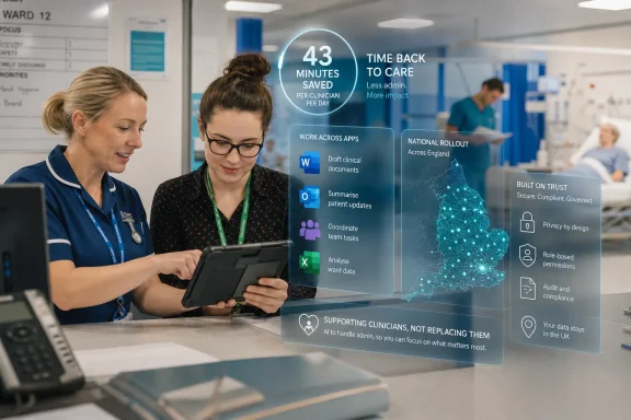 Hospital staff view a tablet as a transparent UI overlay highlights “43 minutes saved” and AI care features. Hospital staff view a tablet as a transparent UI overlay highlights “43 minutes saved” and AI care features.