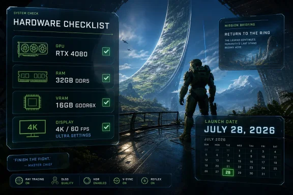 Futuristic game interface shows a hardware checklist and “launch date July 28, 2026” beside a sci‑fi soldier.
