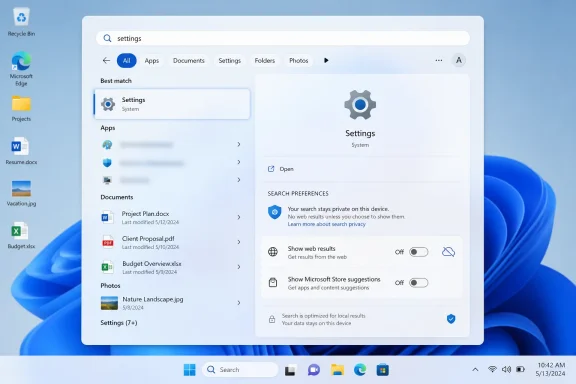 Windows search results showing “Settings” with system options and privacy preferences displayed.