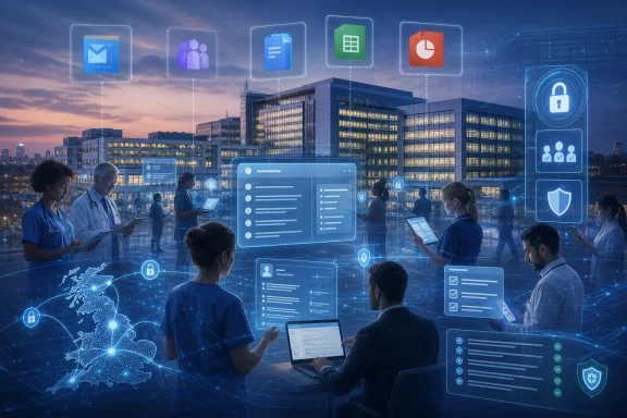 Healthcare professionals collaborate on connected devices with cloud security icons over a city skyline at dusk. Healthcare professionals collaborate on connected devices with cloud security icons over a city skyline at dusk.
