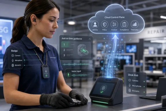 Technician in a data center uses a biometric desk scanner with a “Cloud Control Plane” interface overlay.