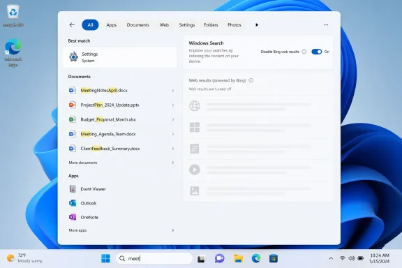Windows Search results page showing documents and Bing web results disabled on a desktop.