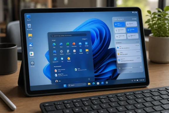 Tablet on a desk displays the Windows 11 Start menu and notifications in a home setting.
