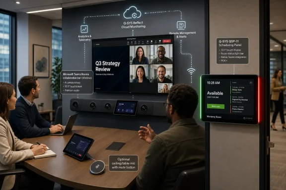 Business meeting in a modern conference room with a screen showing cloud monitoring and smart room scheduling.