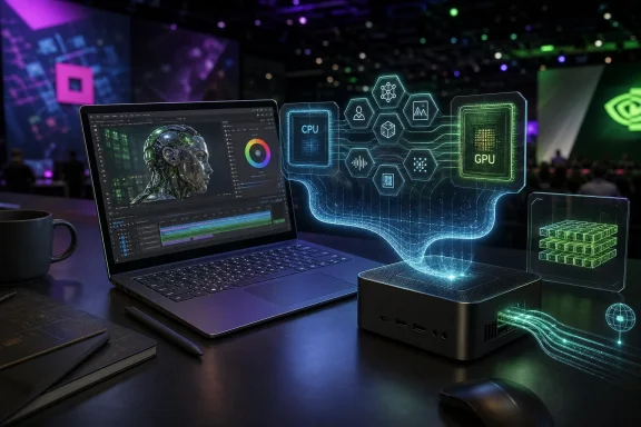 Laptop and GPU workstation with glowing tech icons at a futuristic data center, CPU/GPU interface concept.