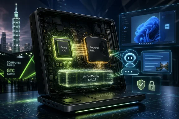 Open laptop with illuminated Grace CPU and Blackwell RTX chips alongside W11 UI, unified memory 128GB and AI icons. Open laptop with illuminated Grace CPU and Blackwell RTX chips alongside W11 UI, unified memory 128GB and AI icons.