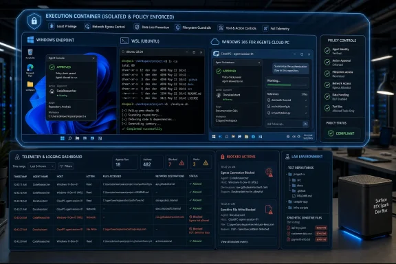 Cybersecurity dashboard showing an isolated execution container with policy controls, telemetry, and blocked actions.