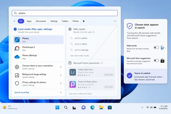 Windows search settings show results for “photos,” with web results and Microsoft Store suggestions toggles.