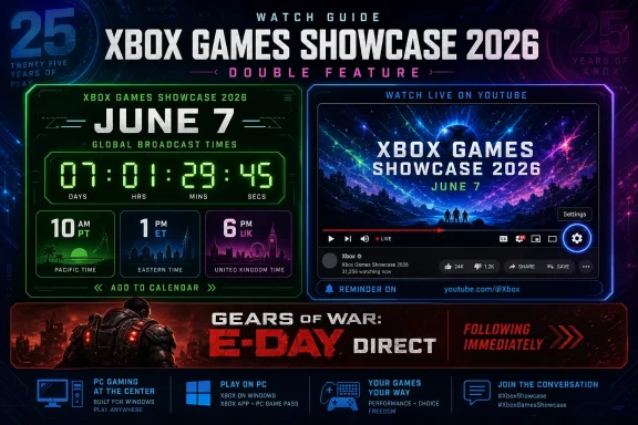 Futuristic promotional banner for the Xbox Games Showcase 2026 on June 7 with countdown and live-watch details.