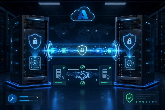 Secure cloud data center scene with encrypted handshake, shields, and locked server racks.