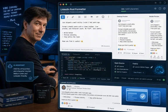 Man at a desk uses a “LinkedIn Post Formatter” interface showing desktop and mobile previews and character count.
