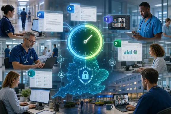 Healthcare team collaborates in an office with a digital data clock and cloud security map overlay.