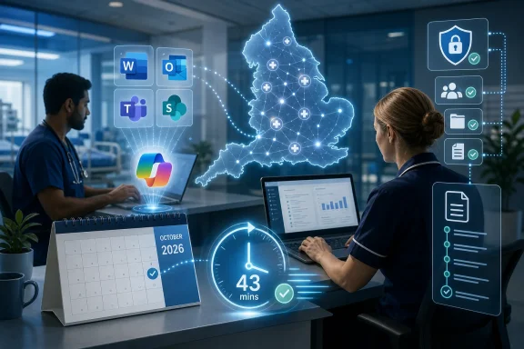 Office workers manage digital productivity tools, with a glowing map of the UK and security icons.