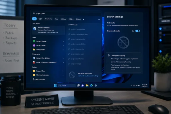 Windows search settings screen on a monitor with “project plan” results and web results disabled. Windows search settings screen on a monitor with “project plan” results and web results disabled.