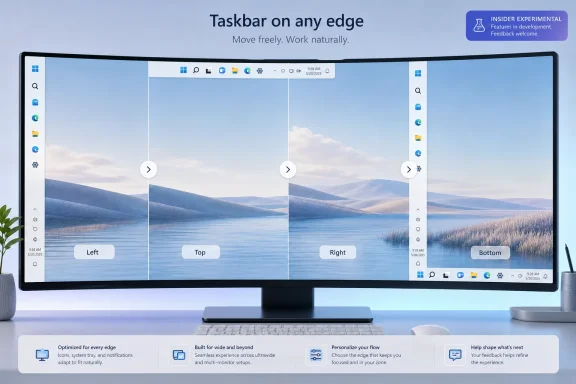 A split-screen desktop on a monitor shows “Taskbar on any edge” with Left, Top, Right, and Bottom layout options.