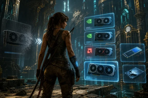 A female warrior in a cyberpunk city faces holographic GPU icons hovering in front of her.