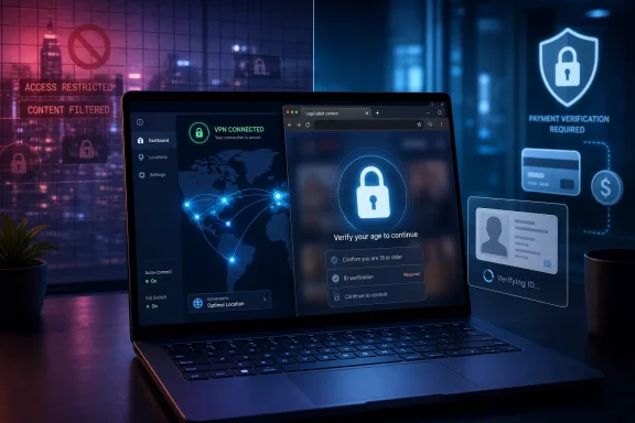 Laptop screen shows a VPN connection and age/content verification lock icons in a secure, restricted-access theme.