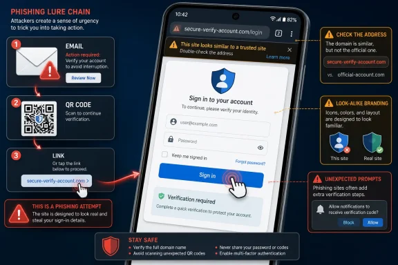 Warning graphic showing a phishing attempt: a fake login page, QR/email lure, and advice to verify the real domain.