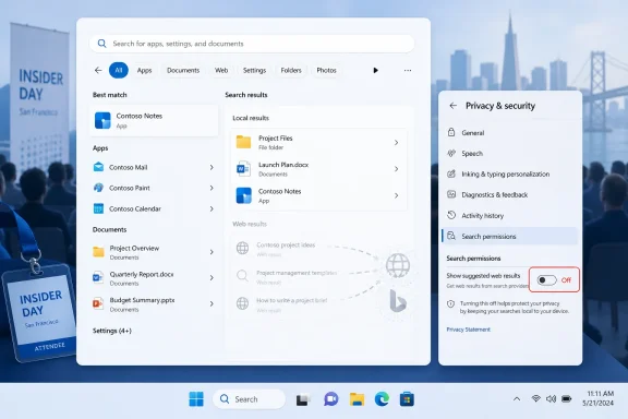 Windows search screen showing privacy & security settings with an “Off” switch for search permissions.