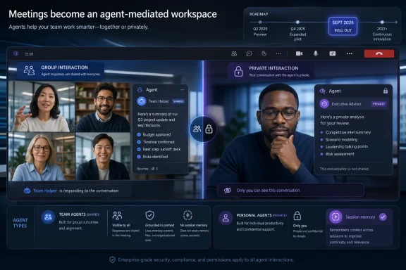 A futuristic UI shows agent-mediated team meetings with shared and private agent interactions.
