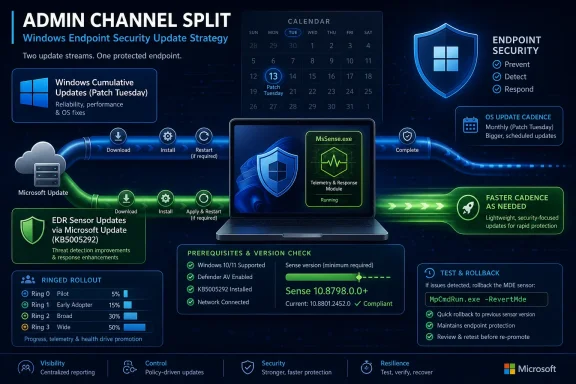 Infographic showing an “Admin Channel Split” Windows endpoint security update workflow with patch scheduling and rollback steps.